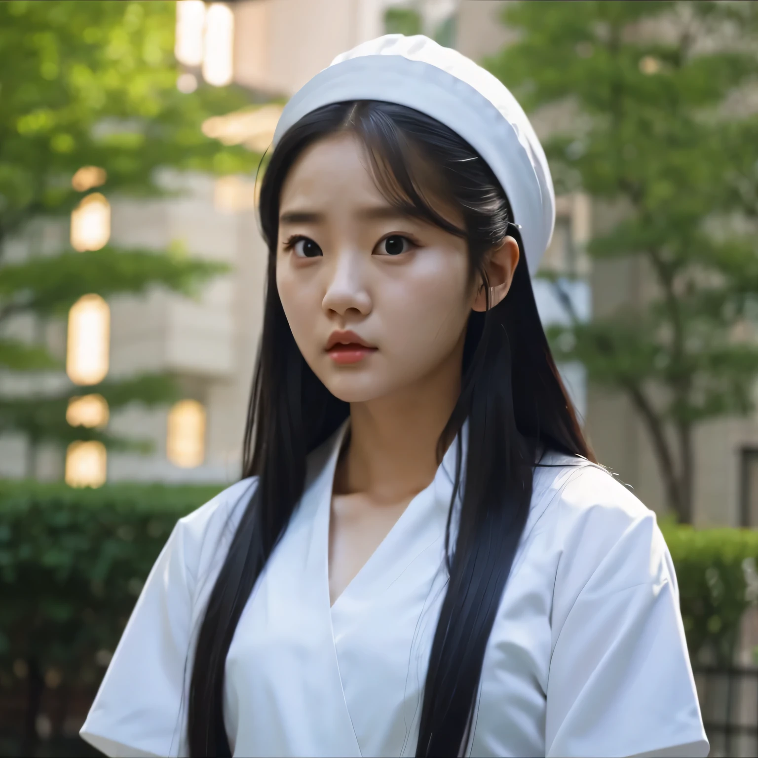 arafed college student with long black hair and a white shirt, she has a distant expression, iu lee ji-eun as a super villain, but a stern look about her, she has a cute expressive face, young wan angel, girl next door innocent look, high drama, sideways glance, kwak ji young, movie screencap, handsome girl, innocent look, brilliant, 1girl, solo