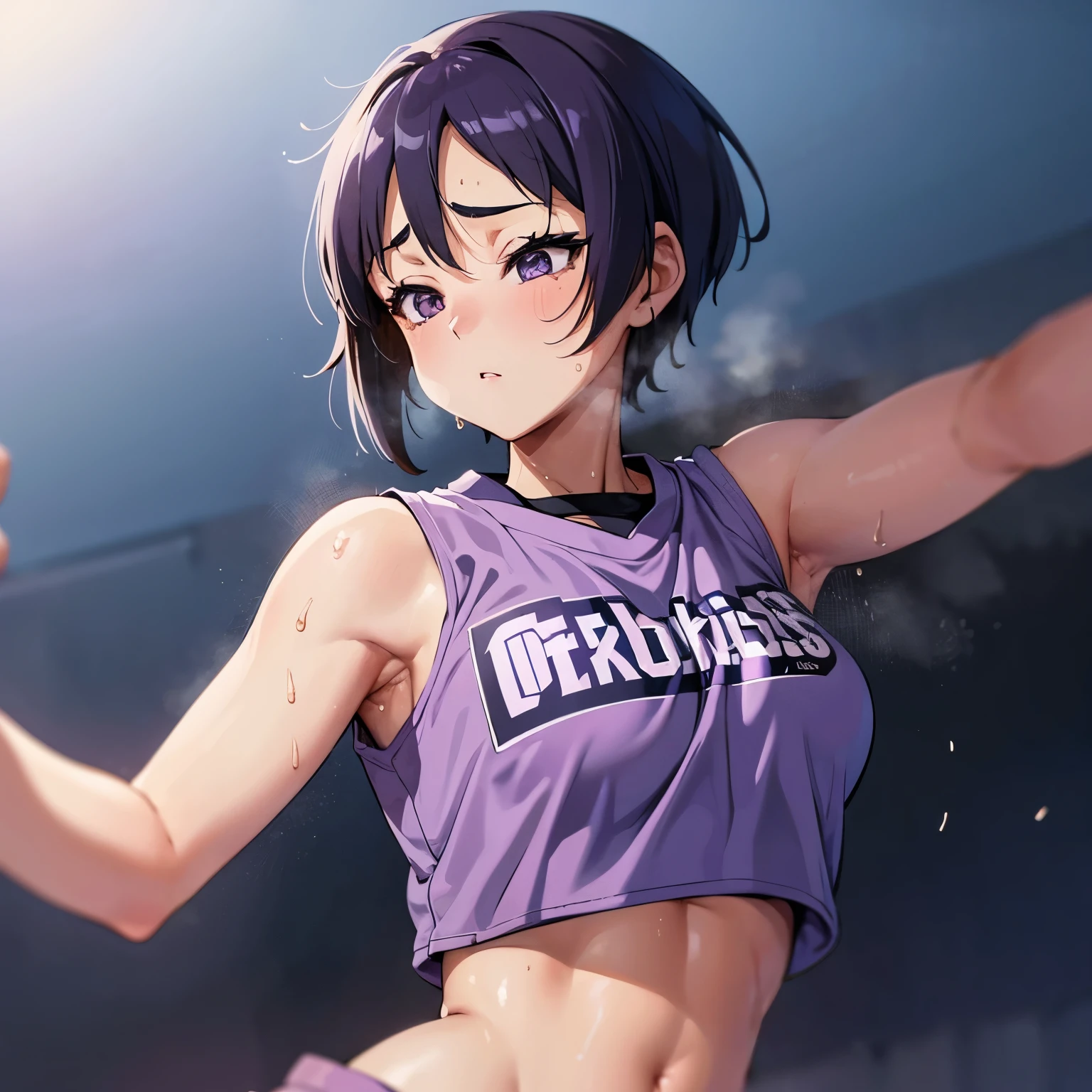 a japanese teenage wearing purple nba jersey, purple croptop nba jersey, wearing a low cut croptop, wearing croptop, croptop, golden raito, (winking), shirobako, large)}], favorite scene, fine details. anime. skins, sweating, big breasts,  dripping with sweat, more more sweat, Cheerleader, basketball field, ((blurred background: 1.1)), best quality, masterpiece, 4k