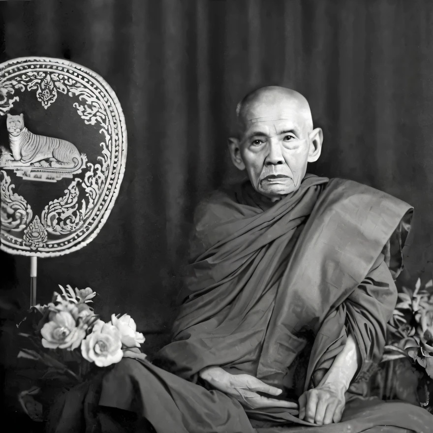 90 years old  Thai monk sitting in front of a mirror with a Tiger on it, buddhist, portrait of monk, buddhist monk meditating, fine art piece, samsara, buddhist monk, monk meditate, monk, buddhism, Inspired by Saneatsu Mushanokōji, inspired by Nakahara Nantenbō, patiphan sottiwilaiphong