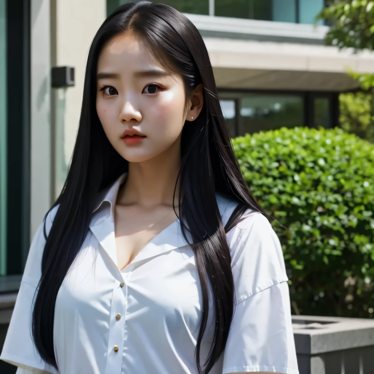 arafed college student with long black hair and a white shirt, she has a distant expression, iu lee ji-eun as a super villain, but a stern look about her, she has a cute expressive face, young wan angel, girl next door innocent look, high drama, sideways glance, kwak ji young, movie screencap, handsome girl, innocent look, brilliant, 1girl, solo