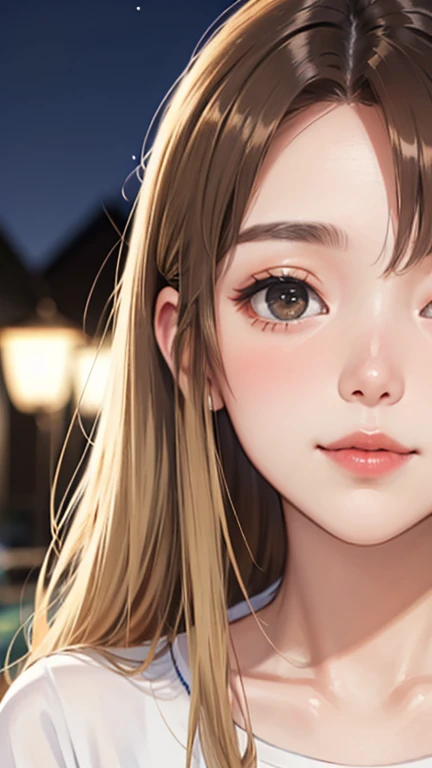 Blushing lightly and smiling, (Top quality masterpiece:1.2) Delicate illustrations, Very detailed, /Beautiful Japanese women in their 40s、1 person,Excellent style 、((8K images、super high quality))、Very delicate face, Beautiful forehead、Red lipstick,(((((Long Hair、Brown and blonde gradation hair))))),Very cute Japanese cut face、Eyes and nose are clearly visible、Kind eyes,(Big white t-shirt)、Night view、Date、Cafe