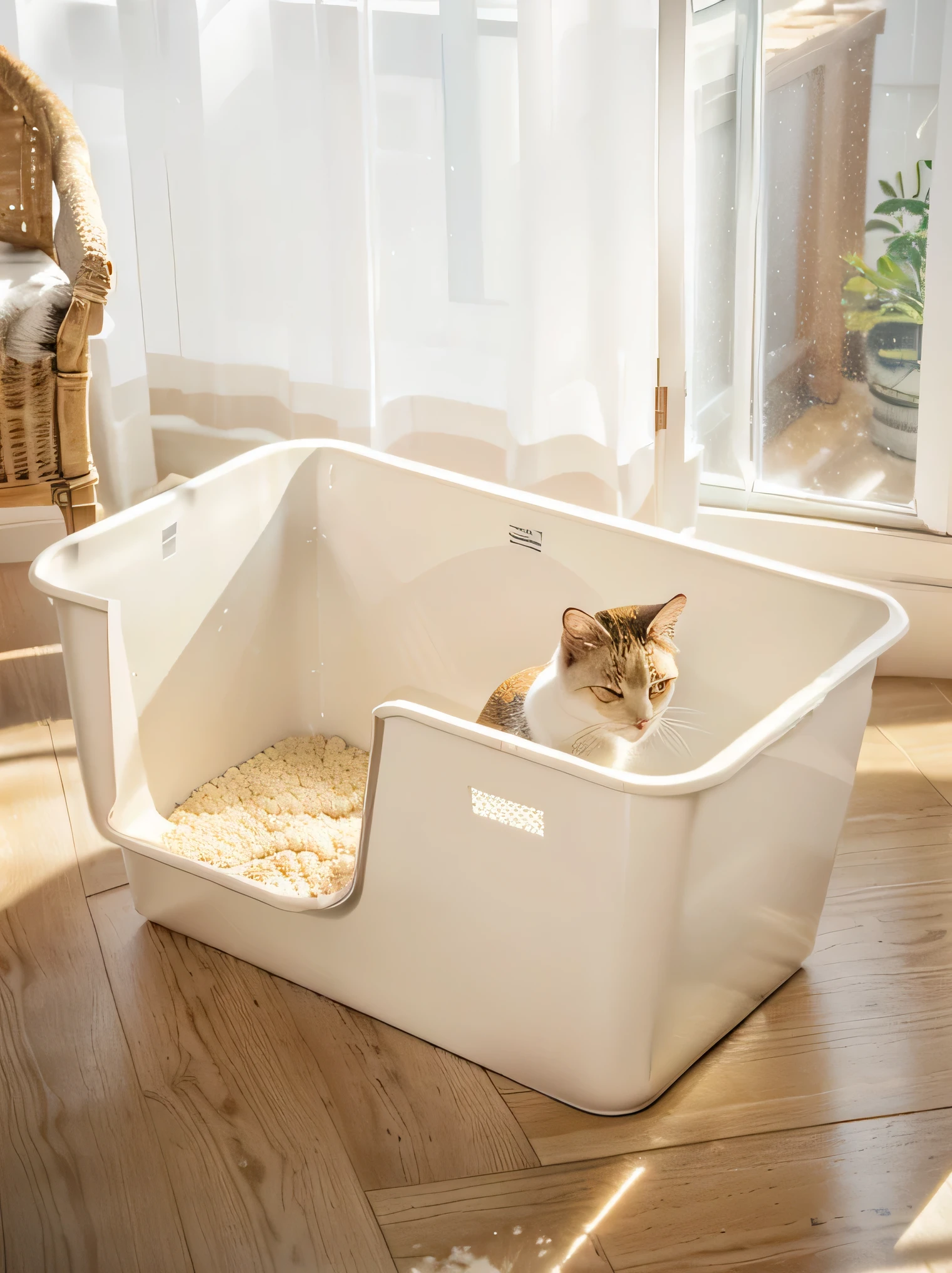 A cat in a large beige litter box，Natural light and shadow，Hyper-realistic scenes，Beige cat litter box with cat litter，Natural light shining on the cat litter box，Warmth and comfortable indoor environment，Wood floor，Product photography，High-end，Warmth，The corners of the cat litter box are rounded，Cute Kitten，Beige cat litter box with frosted exterior,Small granular cat litter in the cat litter box，Cat steps on cat litter