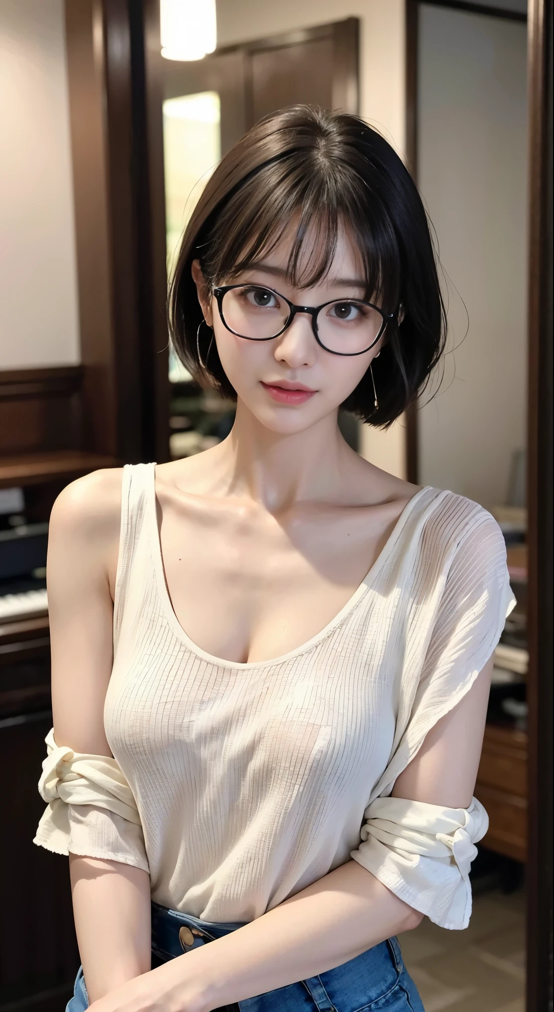 (8k, RAW Photos, highest quality, masterpiece: 1.2), Super detailed, Super Resolution, (Genuine, Genuine photos: 1.37), Portraiture, High-resolution RAW color photos, Professional photos, とても細かくて美Shii, Very detailed, 8k wallpaper, Amazing details, Large file size, Official Art, Very detailed CG Unity 8k wallpaper, Very detailed beautiful girls, Very detailed faces, Very detailed目, Very detailed肌, Very elaborate fingers, Very detailed鼻, Very sophisticated mouth, Perfect Anatomy, Detailed Background, Detailed clothing, One Girl, (20:1.2), 20th Generation, cute Girl, Realistic body, , White skin, Glowing Skin, The body is slim, Black Hair, short hair, (Blunt bangs: 1.2), cute, like々Shii, かわいらShii顔, Realistic Face, Delicate eyes, Sale Eyes, ( (Stylish winter clothes)), ((superior)), ((((short hair、Black-rimmed glasses)))), Earrings, Looking at the camera, Cowboy Shot, Look forward, Standing posture, Contrasting, Dynamic Lighting, C cup ,
