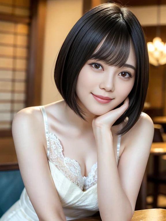 (highest quality: 1.5)、(Real: 1.5)、(1 person: 1.5)、tableトップ、(Leaning forward)、(Her lace bra is slightly visible through her low-cut dress.)、Very detailed、High resolution、Small breasts、Natural color lips、Cute smile、Japanese women、20 year old girl、Thin eyebrows、Beautiful and elegant face、cute顔、cute目、Big eyes、Fair skin、Beautiful and elegant face、Natural Bangs、Beautiful and thin nose、Beautiful Skin、Medium Bob Hair、Short Hair、Natural Bangs、Perfect and beautiful face、Slim face and figure、（Looking at the camera with a cute expression）、(Bright lighting)、Professional Lighting、 (Lighting from the front)、Natural smile、Beautiful clavicle、cute胸の谷間、Natural smile、cute、Brightly lit cafe、table、
