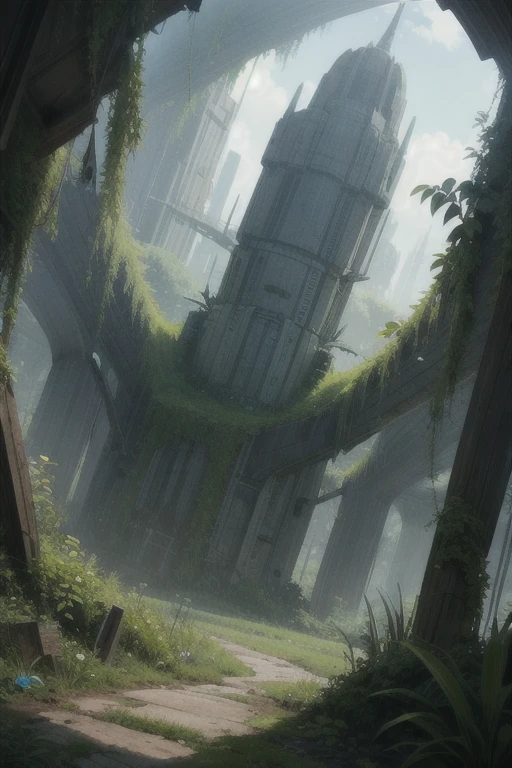 Overgrown plant life, spaceship ruins,