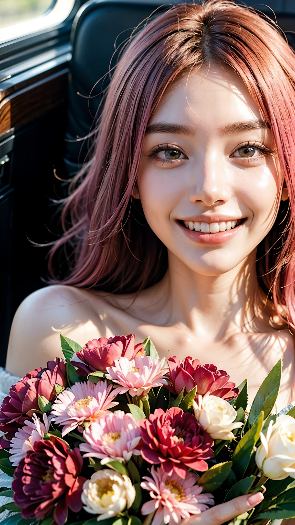 highest quality, masterpiece, Ultra-high resolution, (Realistic:1.4), (Close-up portrait) ((Holding a bouquet of carnations)),RAW Photos, 1 girl,20-year-old,((I'm showing my teeth and smiling)),((Big smile)),((Inside the Shinkansen)),((look up)),((Random cute poses)),,((Passionate pink-haired girl )),Braided Hair,((High Fashion)),Messy Hair,((Cap Chestnut)),((Short bangs)),Realistic,Picture Media Chest)),