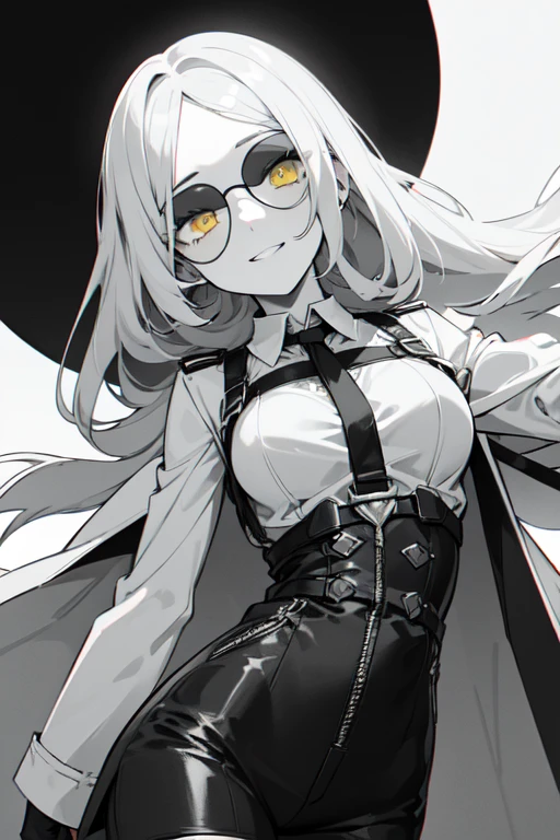 (((colored yellow eyes with greyscale background))), 1girl, woman, solo, long hair, big hair, (forehead:1.2), (round sunglasses:1.19), yellow eyes, medium breasts, devilish grin, white hair, (overcoat, black coat, open coat:1.2), white shirt, collared shirt, (chest harness, shoulder strap:1.15), black leather shorts, garter belt, gloves, ((from below)), elegant, looking at viewer, standing, chromatic aberration, (close-up to face:1.2), face only masterpiece, best quality, 4k, pechos grandes , cuerpo completo