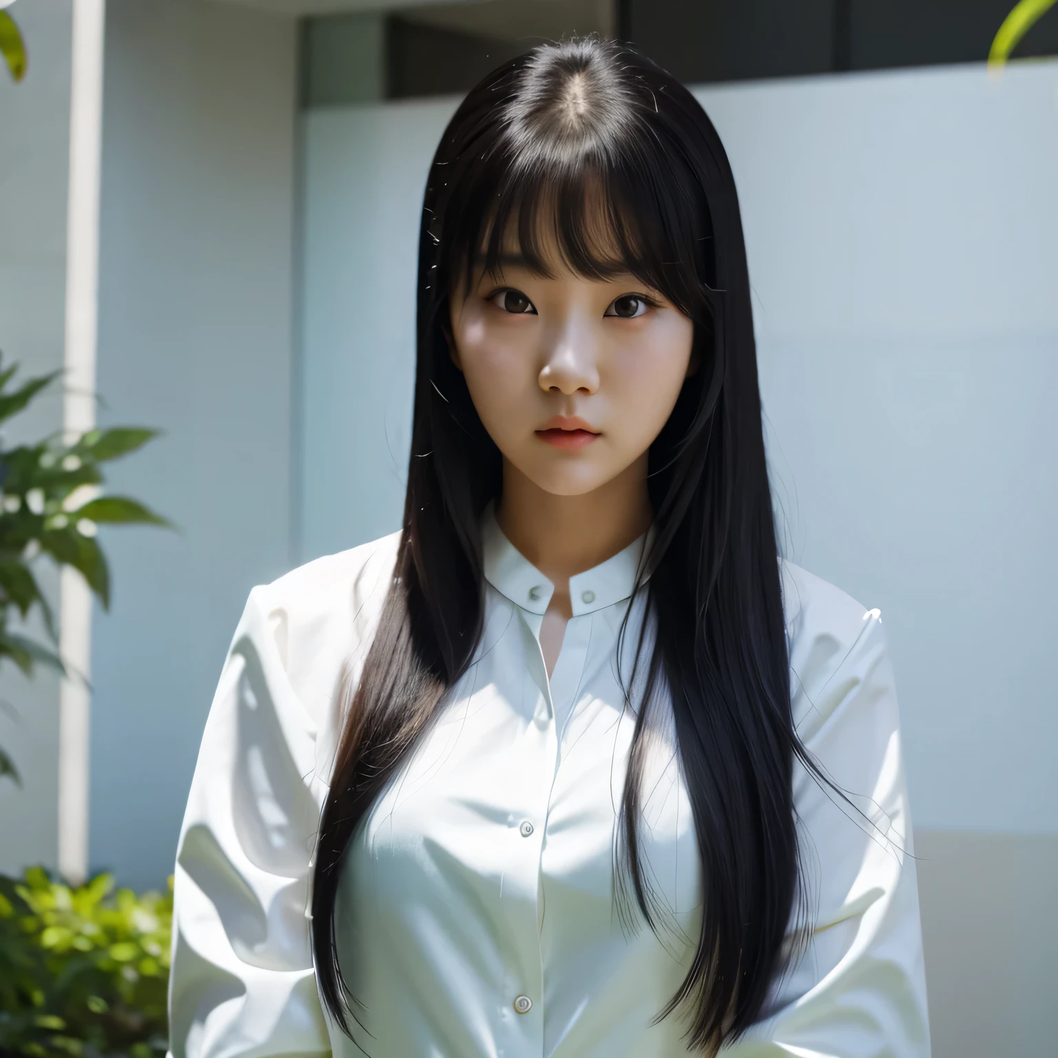 arafed college student with long black hair and a white shirt, she has a distant expression, iu lee ji-eun as a super villain, but a stern look about her, she has a cute expressive face, young wan angel, girl next door innocent look, high drama, sideways glance, kwak ji young, movie screencap, handsome girl, innocent look, brilliant, 1girl, solo