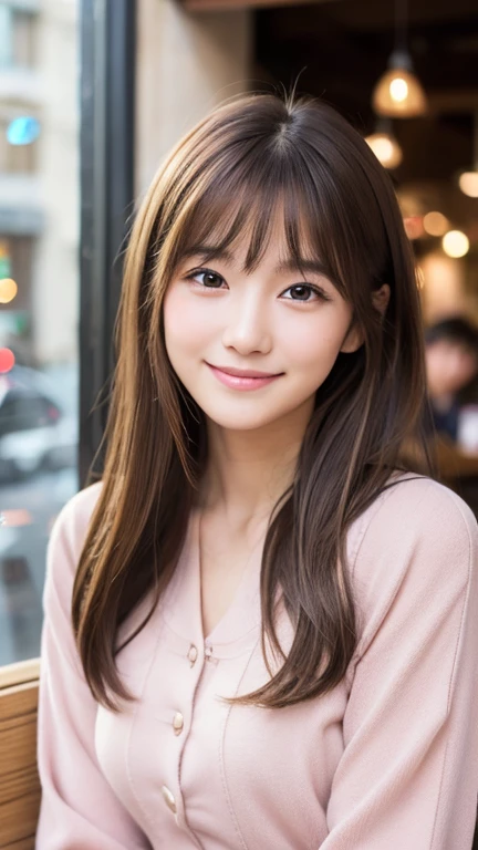 Brown Hair,Medium Hair,A 20-year-old woman in a cafe, Small nose, With the correct face, Cute natural smile, Japanese facial features, A clean and cute face, Cute realistic portrait, Asian Face, 8K Photo, Soft Makeup,Natural skin texture,Raw photo,highest quality,Full Body Shot,Pink clothes