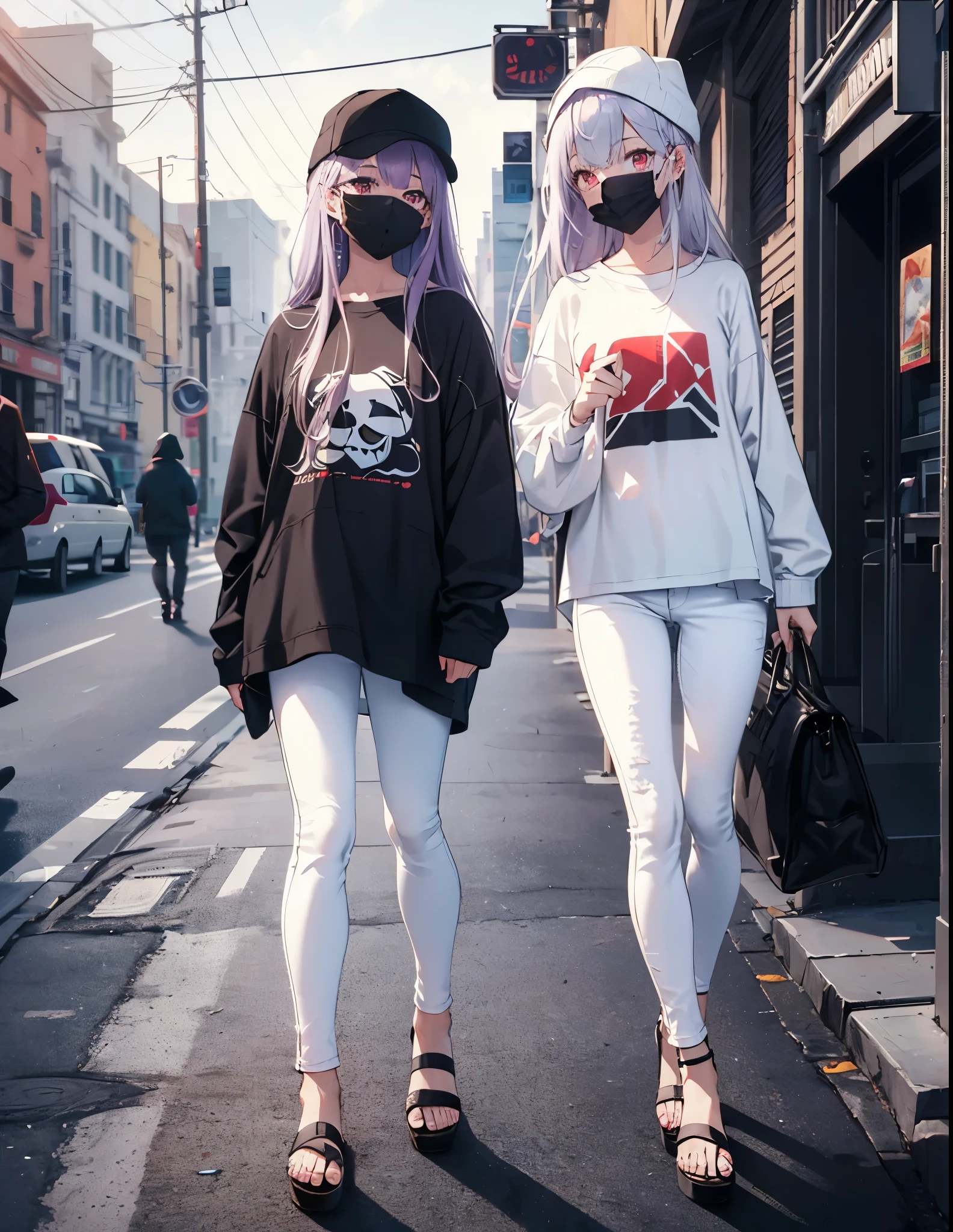 Realistic,highest quality, Super detailed, High-quality CG rendering, The most delicate and beautiful, Floating softly, High resolution, (1 girl), (highest quality,4K,8k,masterpiece:1.2), Light purple hair,Long Hair,Red eyes,(white oversized long sleeve t-shirt:1.3),(White skinny jeans:1.3),(White cap:1.3),In the city,old buildings,(Black Mask:1.4),(whole body:1.3),(Sandals:1.2)