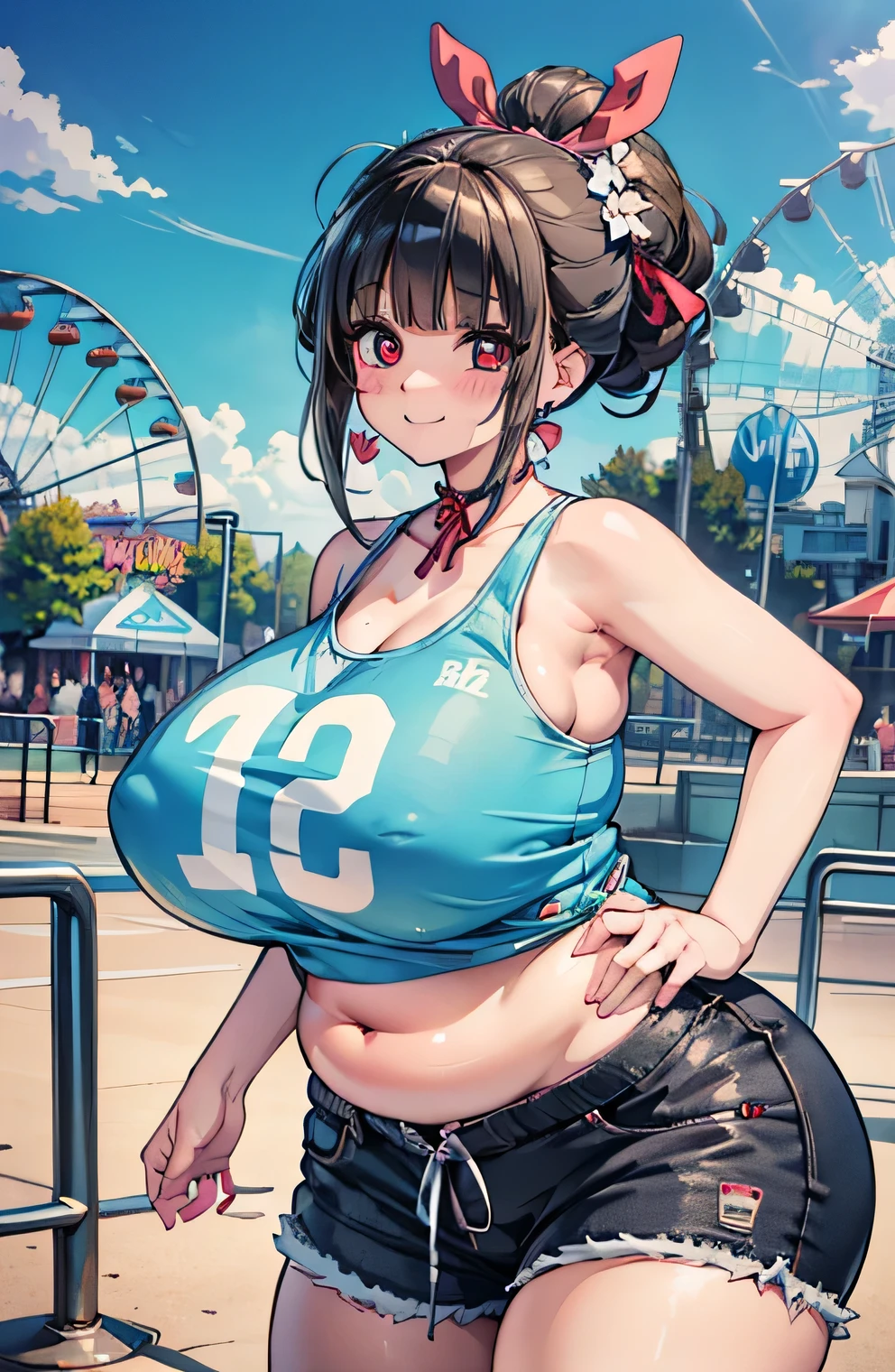 Anime illustration、highest quality、A short and plump high school girl、Sporty tube top、hot pants、amusement park、Perfect proportions、overwhelmingly big breasts、Beautiful, shining eyes、Blushed、smile、Cowboy Shot