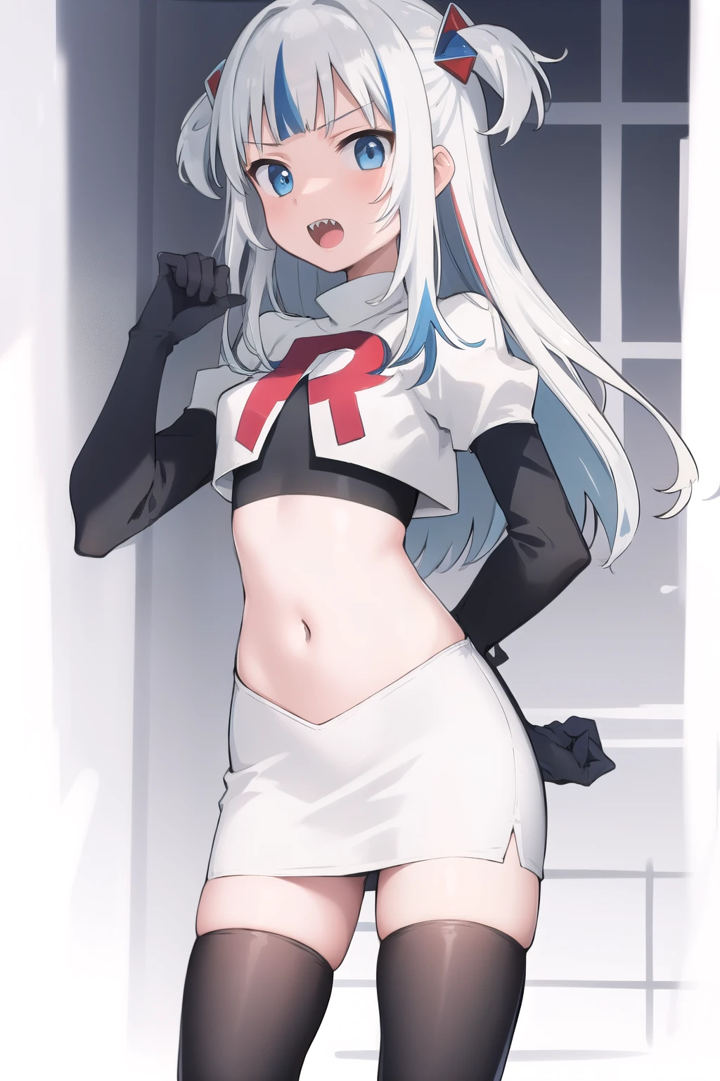 gawr gura, 1girl,solo,  blue eyes,small breasts, gray hair, hair ornaments,two side up, streaked hair, sharp teeth, team rocket,team rocket uniform,white skirt,red letter R,crop top,black thigh-highs,black elbow gloves