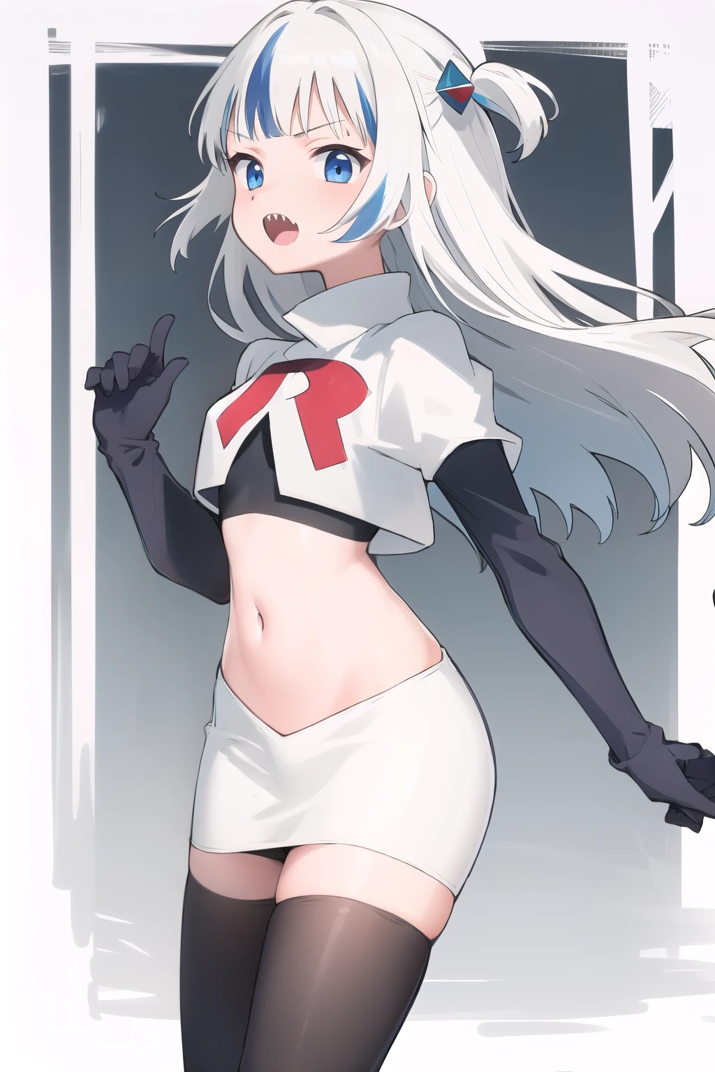 gawr gura, 1girl,solo,  blue eyes,small breasts, gray hair, hair ornaments,two side up, streaked hair, sharp teeth, team rocket,team rocket uniform,white skirt,red letter R,crop top,black thigh-highs,black elbow gloves