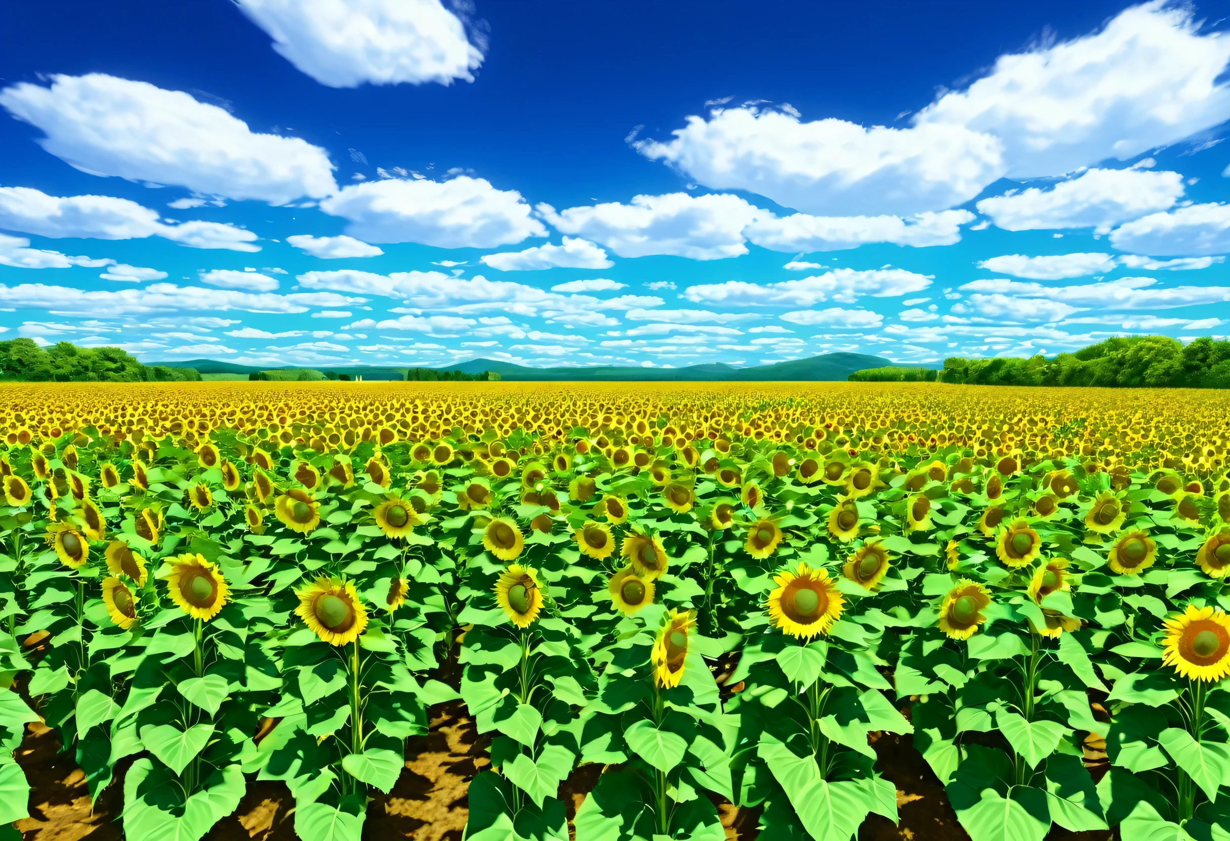 Sunflowers in a field surrounded by blue sky and clouds, a digital painting by Un'ichi Hiratsuka, Pixabay, Digital Art, Bright sunny summer day, Hot and sunny highly detailed, scene: Sunflower field, scene : Sunflower field, Sunny environment, Sunny landscape, sunny day background, Sunflower field, On a sunny day, Sunflower background, Sunflower field