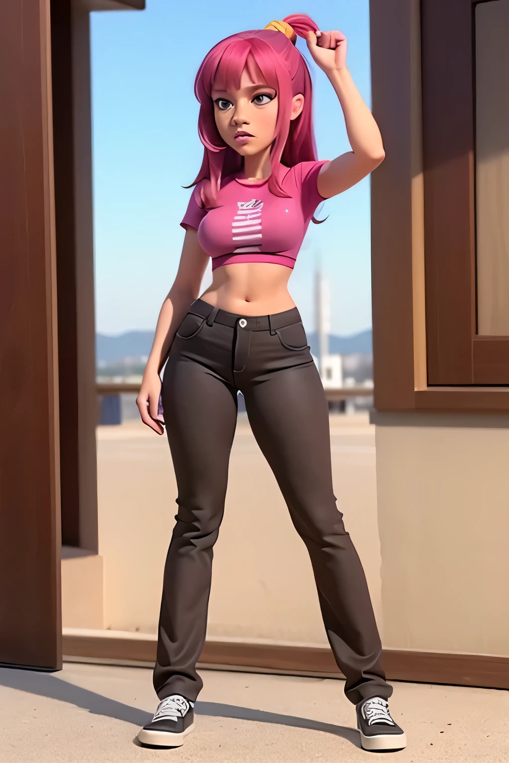 ellie, ellie martin, 1girl, body frame, pink hair, long hair, long hair with a side ponytail , ponytail with a yellow hair tie, blue eyes, pink lips, blue shirt, brown pants, pants pulled down, pants down, visible panties, detailed panties,