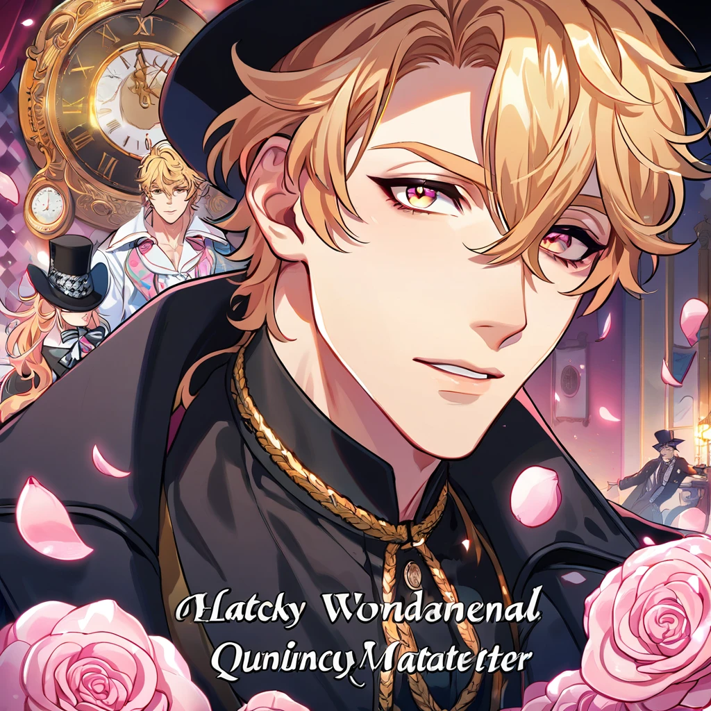 absurdres, highres, ultra detailed, HDR, master piece, best quality, perfect face, beautiful eyes, delicate features, Quincy, blond messy hair, expressive amber eyes, Nu Carnival, solo, sexy man, handsome, black hat, black coat, black shirt, patterns, madhatter, in wonderland, clock, pink roses, pink petals, pink lanterns