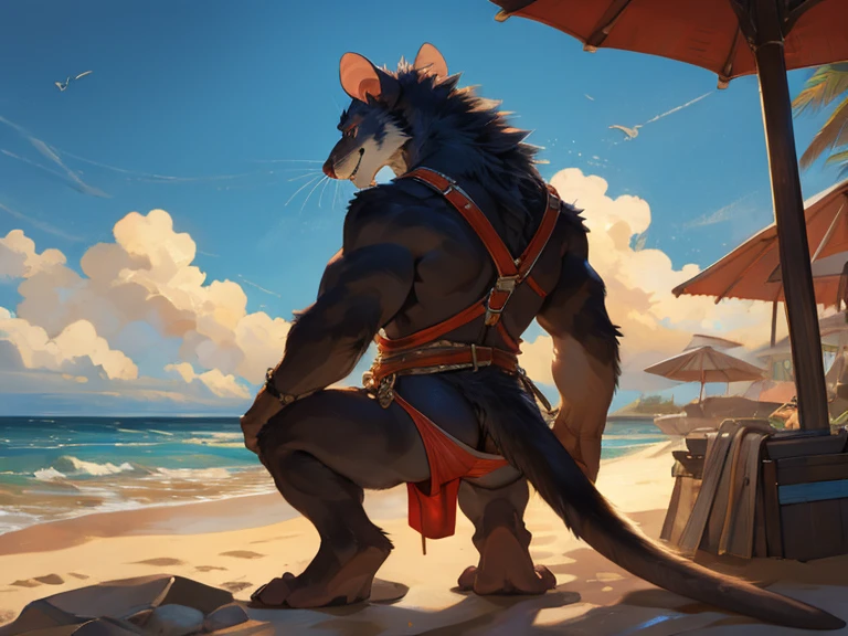 (male), solo standing (by honovy, by darkgem, by narse, by tojo the thief), (master splinter:1.2), fur, rat, quality eyes, naked, beach, thong underwear, anatomically correct, fluffy neck, (smile),rear view ,looking at viewer