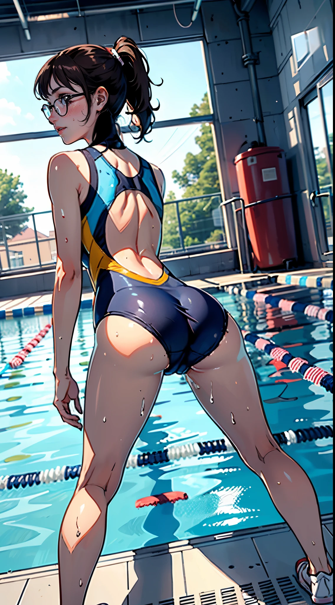 (super flat, flat shading), Honors Type, Really blushing, , high school girl, wearing competitive swimsuit, cameltoe:1.5, ponytail brown hair, Glasses, sweaty healthy body, wetting full body, smile, bare legs, ultra realistic, early morning, breeze, (crawling:1.5), (from behind:1.5), in crowded public pool,