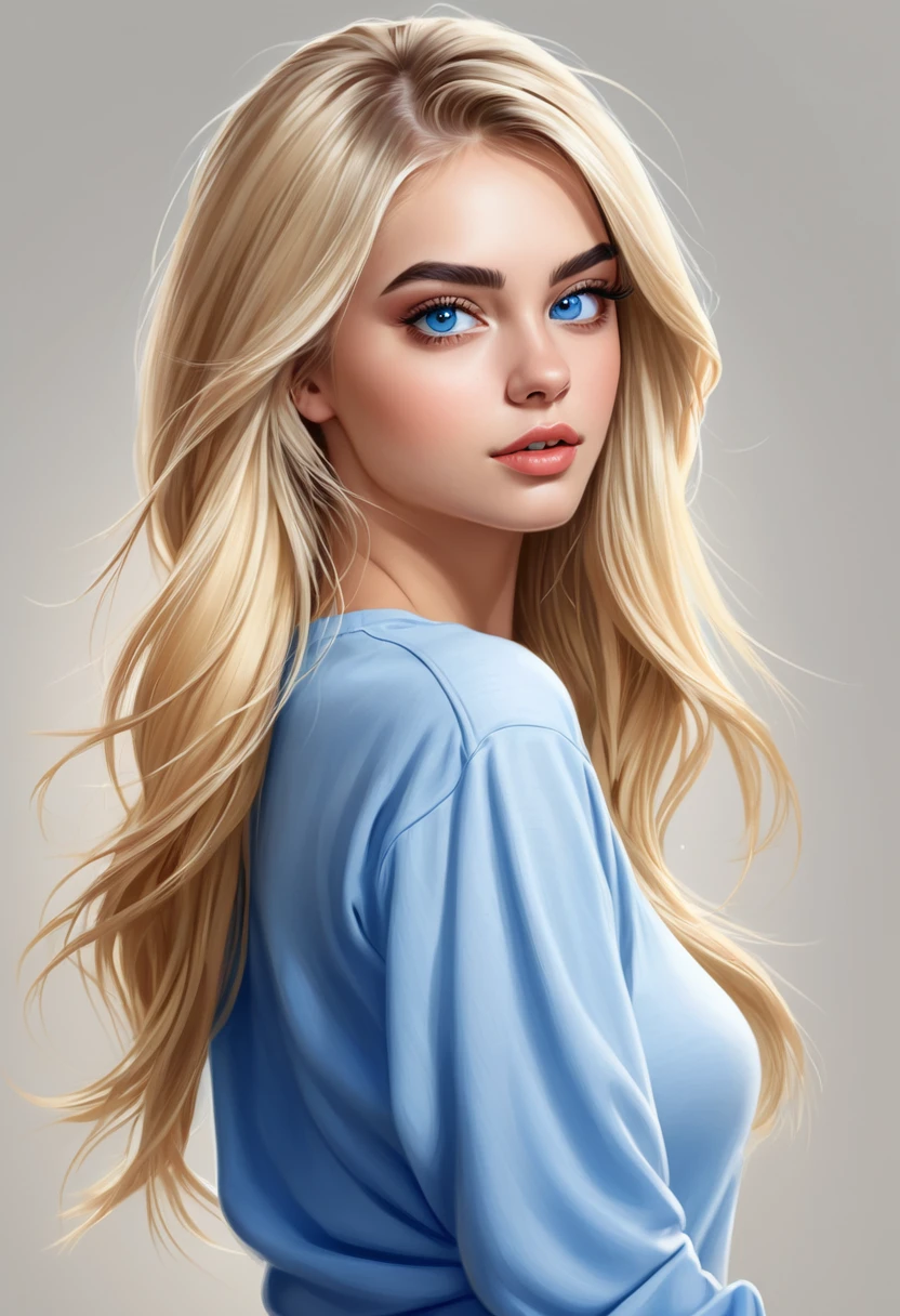 Ilustracion digital realista animada de chica rubia ojos azules hipnotizantes cabello liso suelto y esta de espalda