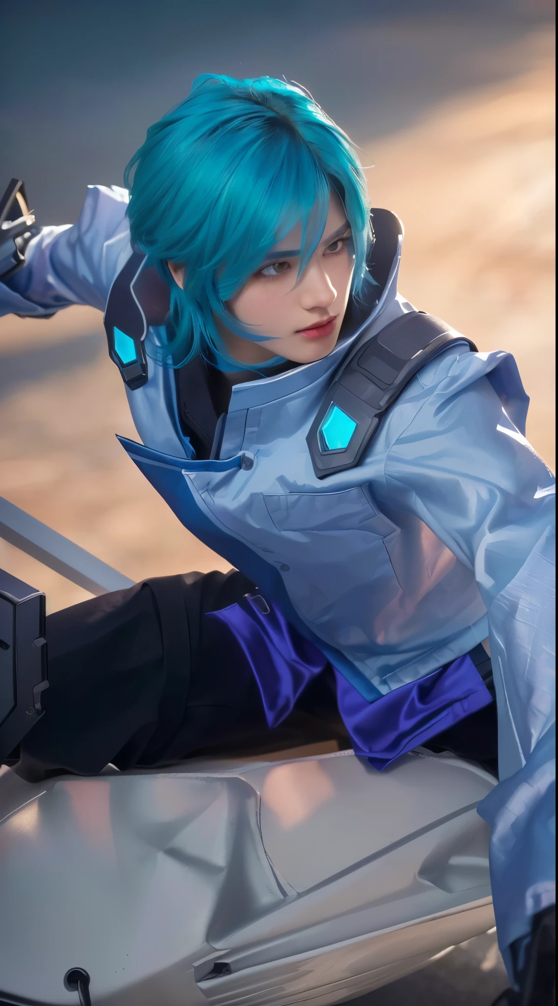 (best quality,4k,8k,highres,masterpiece:1.2),ultra-detailed,(realistic,photorealistic,photo-realistic:1.37), a close up of a boy with blue hair and a blue shirt, detailed eyes, extremely detailed eyes and face, medium: artgerm, vibrant colors, sharp focus, bokeh lighting, battlefield background