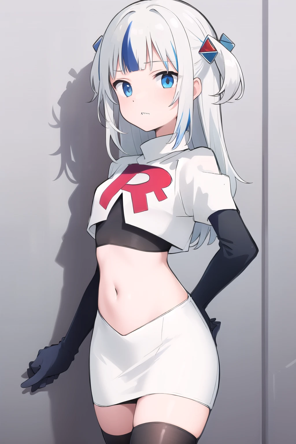 gawr gura, 1girl,solo,  blue eyes,small breasts, gray hair, hair ornaments,two side up, streaked hair, sharp teeth, team rocket,team rocket uniform,white skirt,red letter R,crop top,black thigh-highs,black elbow gloves