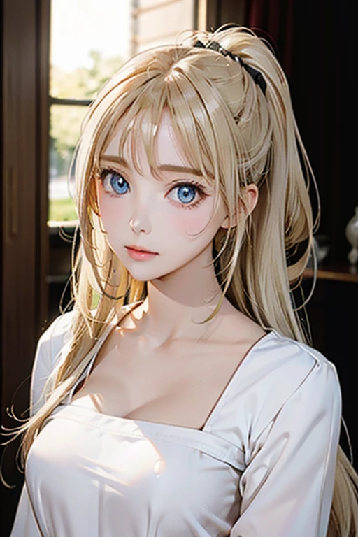 Portrait、、Bright expression、ponytail、Young, shiny, white, glossy skin、Gloss Face、Shining Cheek Gloss、Small Face Beauty、The best beauty、The dazzling light of blonde hair、Bright blonde hair with dazzling highlights、Very beautiful shiny light blonde hair、super long silky straight hair、Her shiny, beautiful bangs are covering her eyes.、Sparkling, clear, attractive, bright, large, pale blue eyes、Very big eyes、eyeliner、very beautiful lovely cute 16 year old girl、Ample Bust, full body