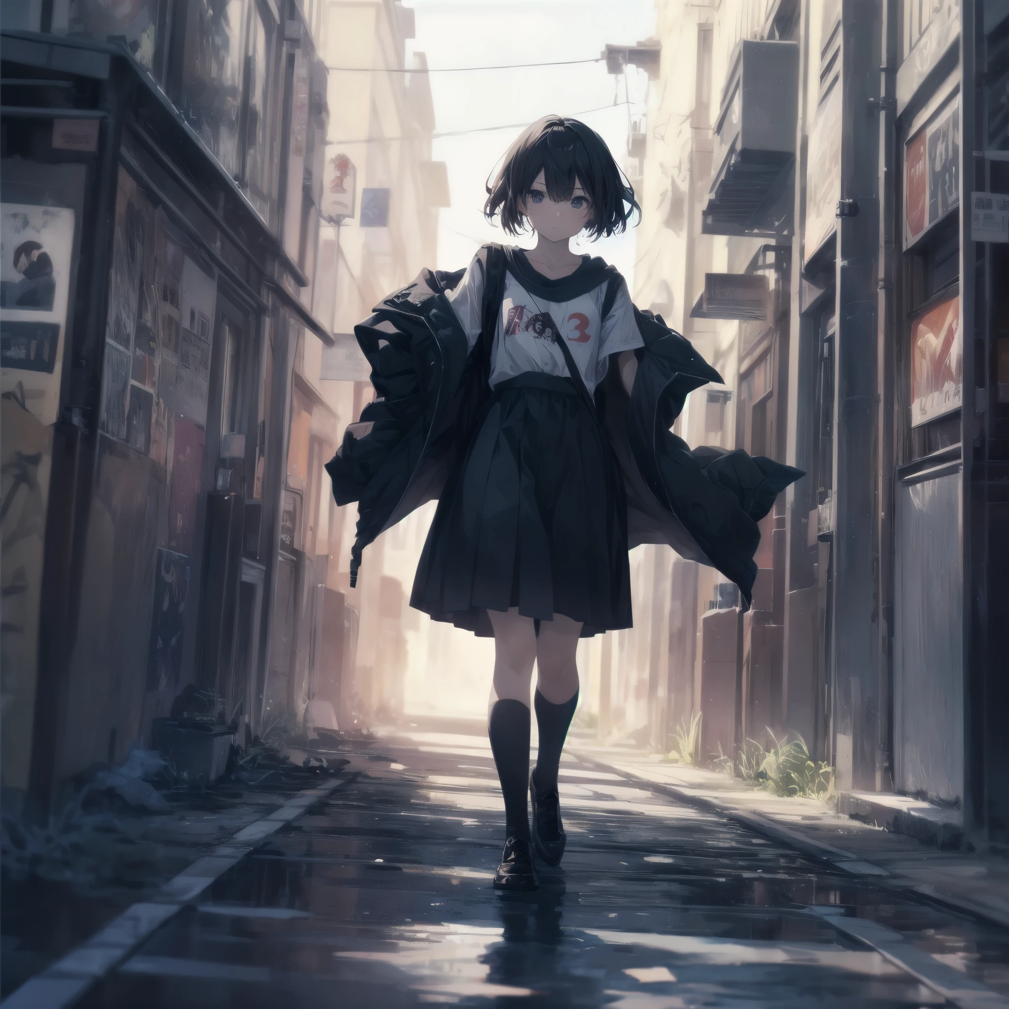 highest quality, Very detailed, Anime Moe Art Style,Best Anime 8K Konachan Wallpaper,pixiv Contest Winner,Perfect Anatomy, (Please draw a girl walking sleepily to school.. ),break, One girl, (alone,,,13 years old:1.3),, The charm of androgyny, (Very short hair),Messy Hair, Complete limbs, Full Finger,Flat Chest, Small Ass, between legs, Small eyes,Precise black eyes,Disgusted Eyes, , skirt,School zone. break,High resolution,Very detailed肌, Professional Lighting, (cool illustration:1.2),