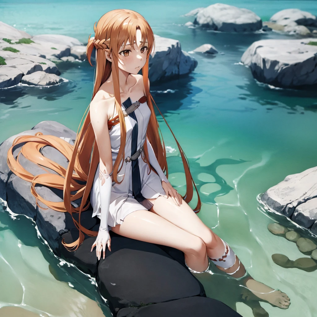 ((female１people))、((highest quality)), ((masterpiece)), (detailed), Perfect Face、Yuuki Asuna、Brown Hair、Upper body naked、The lower body is a fish、people魚になる、Long tail fin、Sitting on a rock by the water、腰から下はpeople魚の下半身、美しいpeople魚姫