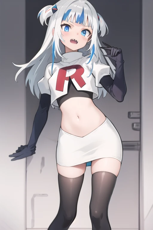 gawr gura, 1girl,solo,  blue eyes,small breasts, gray hair, hair ornaments,two side up, streaked hair, sharp teeth, team rocket,team rocket uniform,white skirt,red letter R,crop top,black thigh-highs,black elbow gloves