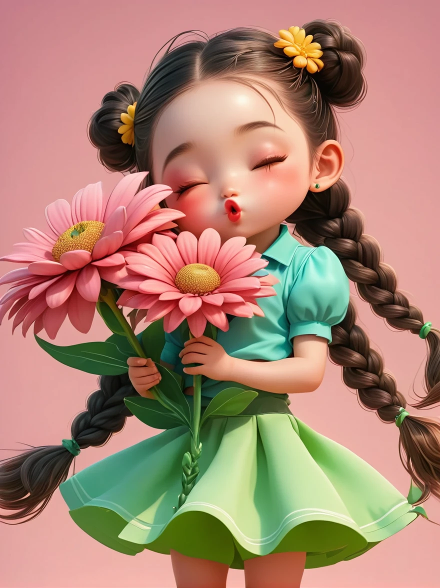 Cute  girl with long braids，Kissing in front of the camera，Wearing a skirt，Holding a huge flower，(one eye closed:1.6)，3D Rendering，Solid color background，specific，chibi anime，Surrealism