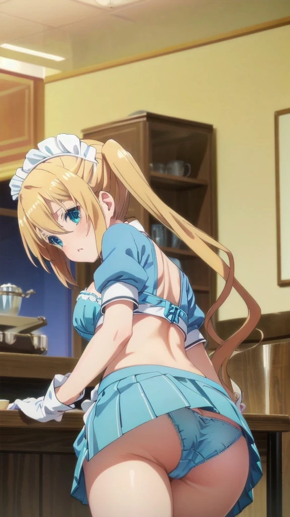 masterpiece, best quality, highres, kaho hinata, maid, maid headdress, waist apron, (blue shirt, blue skirt:1.2), short sleeves, white gloves, crossed arms, pout, blush, cafe, (cleavage), (showing panties:1.3),(lean forward:1.5), (bra), (ass up), indoors