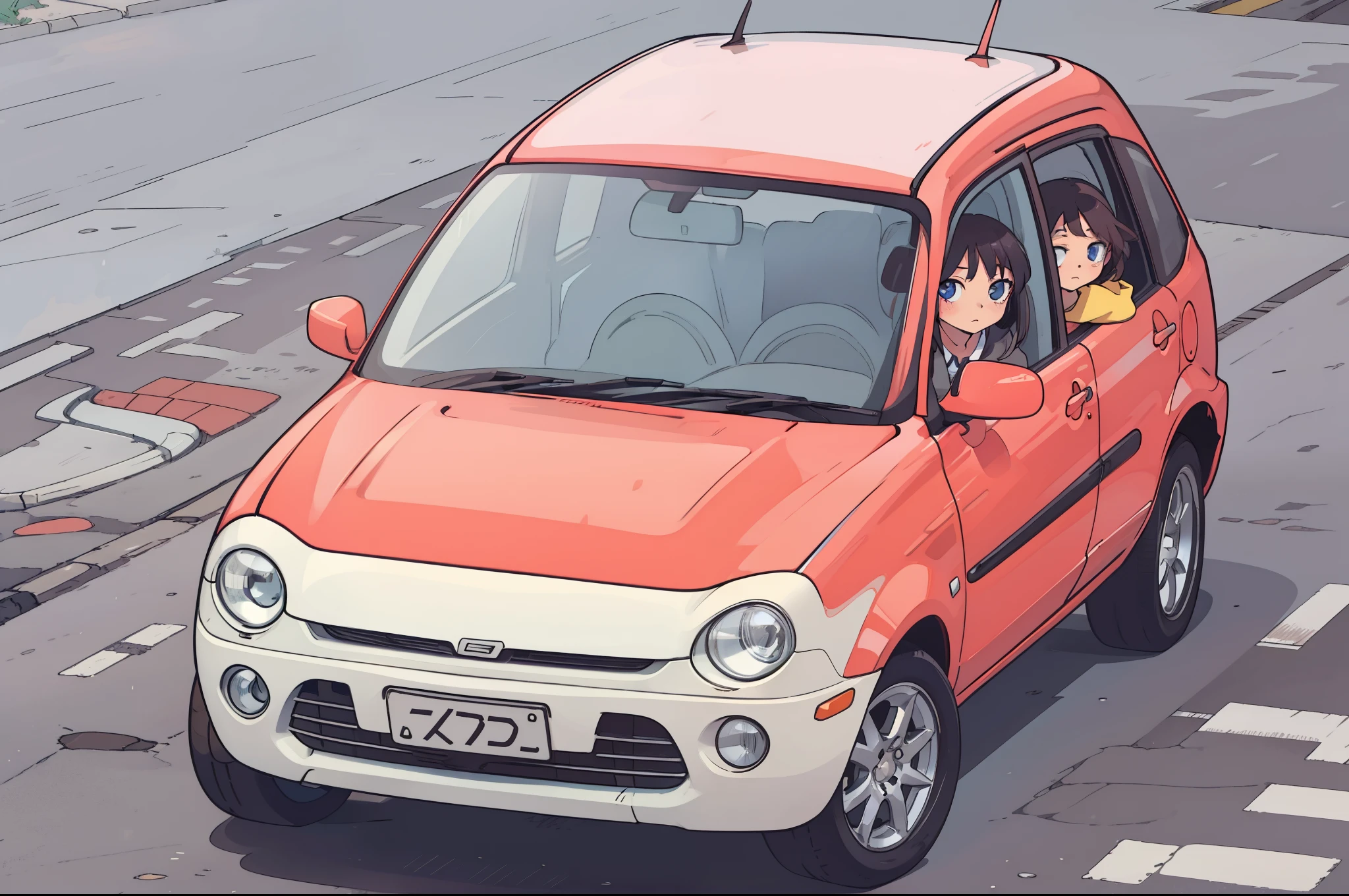 highest quality, Anime Style, Girl leaning against car,