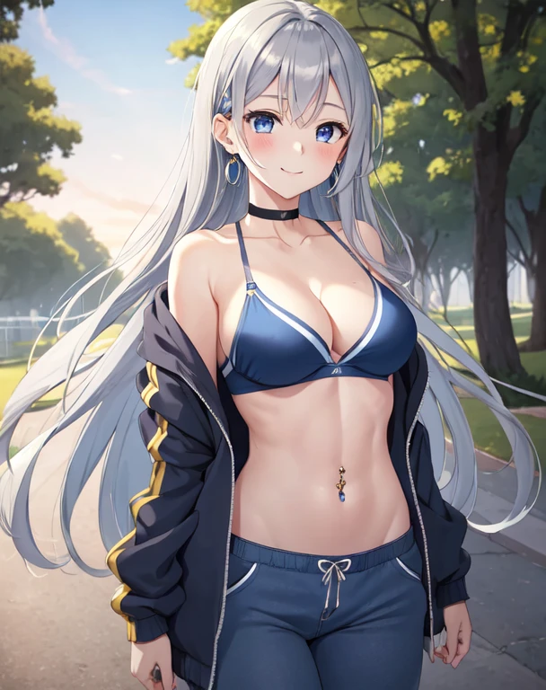(((masterpiece))), ShizukaMikazuki, One Girl, alone, Looking at the camera, Long Hair, Gray Hair, Long sleeve, Cleavage, Very large breasts, Mature Body,clavicle, Jacket, Open clothes, open Jacket, blue hoodie, Grey sports bra,Gray hot pants, choker with a charm,Play sports often, Abdominal muscles,bicycle,Clear light blue eyes, Blushing,Navy blue ribbon,smile,Earrings,Golden navel piercing,Park at dusk,