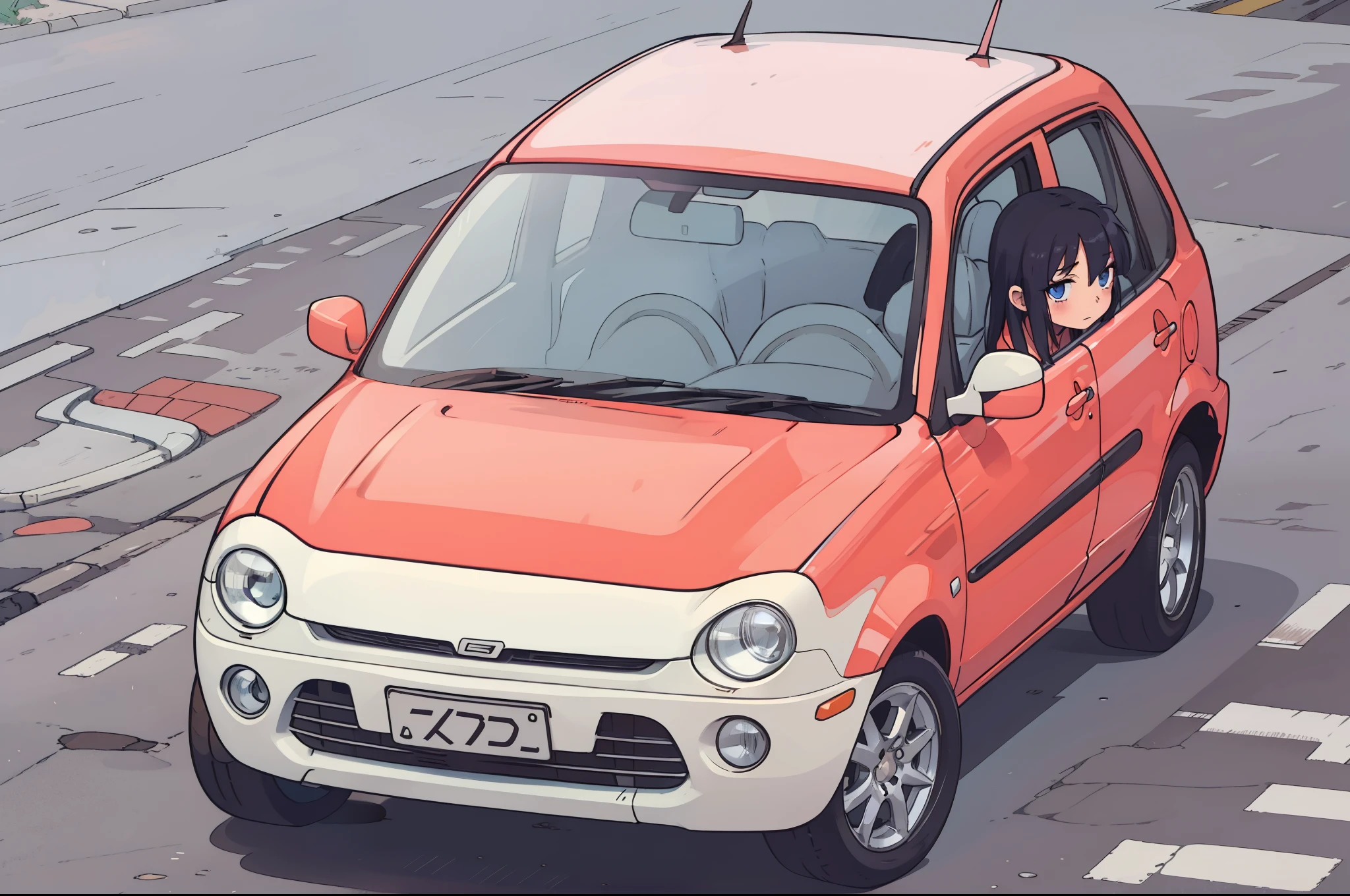 highest quality, Anime Style, Girl leaning against car,