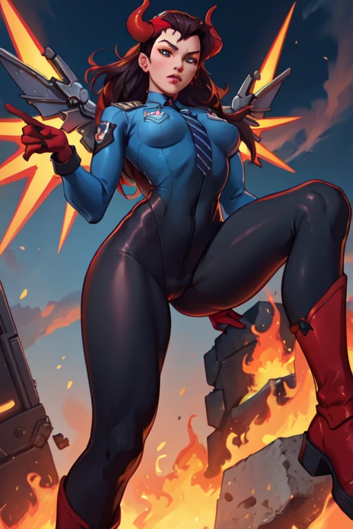 (masterpiece,best quality,absurdres,beautiful,aesthetic,detailed),from below,floating in midair,red sky,fire,1girl,devilmercy, black hair, demon horns, forehead mark, black sleeves, red bodysuit, long sleeves, red gloves, black leggings, armor, red boots, mechanical wings,serious (detailed blue background), masterpiece, best quality, Officer_DVa, female_service_cap, brown_eyes,