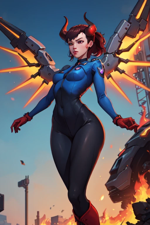 (masterpiece,best quality,absurdres,beautiful,aesthetic,detailed),from below,floating in midair,red sky,fire,1girl,devilmercy, black hair, demon horns, forehead mark, black sleeves, red bodysuit, long sleeves, red gloves, black leggings, armor, red boots, mechanical wings,serious (detailed blue background), masterpiece, best quality, Officer_DVa, female_service_cap, brown_eyes, 