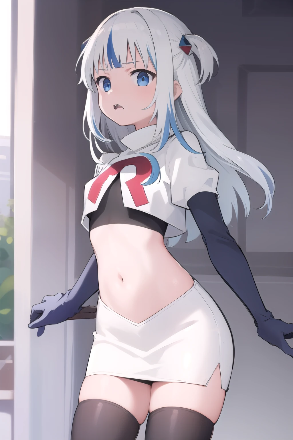 gawr gura, 1girl,solo,  blue eyes,small breasts, gray hair, hair ornaments,two side up, streaked hair, sharp teeth, team rocket,team rocket uniform,white skirt,red letter R,crop top,black thigh-highs,black elbow gloves