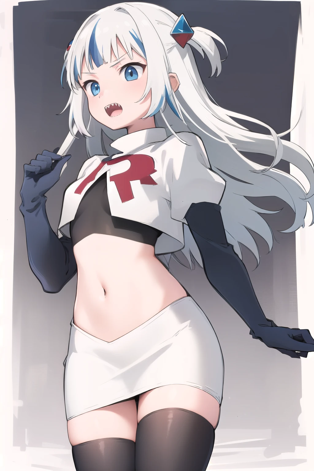 gawr gura, 1girl,solo,  blue eyes,small breasts, gray hair, hair ornaments,two side up, streaked hair, sharp teeth, team rocket,team rocket uniform,white skirt,red letter R,crop top,black thigh-highs,black elbow gloves