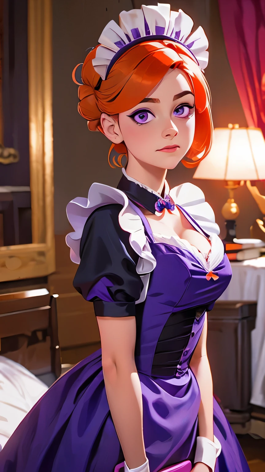 masterpiece, best quality, 1girl, purple eyes, orange hair,maid headdress, maid,