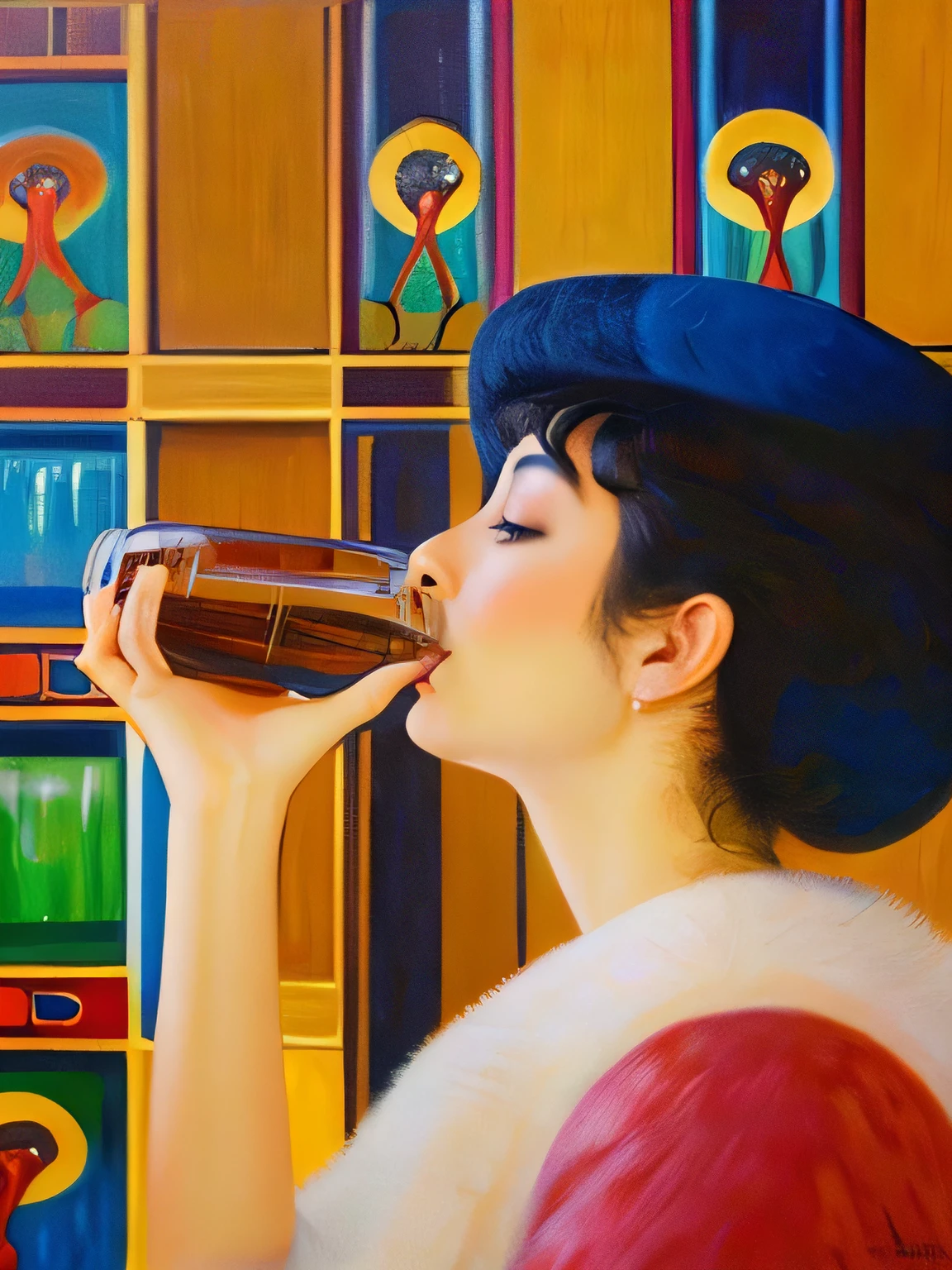 Produce a painting of an ostrich drinking water in the style of Gustav Klimt.