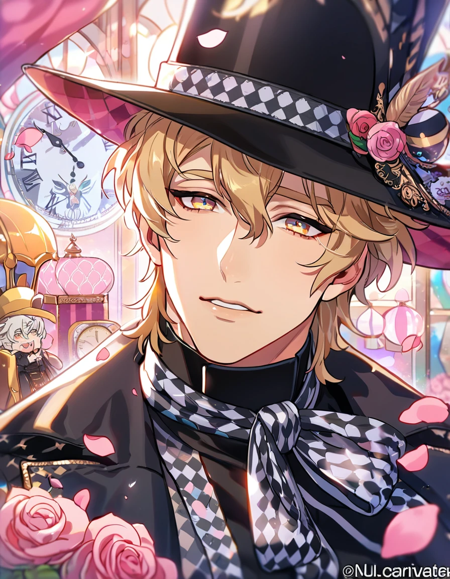 absurdres, highres, ultra detailed, HDR, master piece, best quality, perfect face, beautiful eyes, delicate features, Quincy, blond messy hair, expressive amber eyes, Nu Carnival, solo, sexy man, handsome, black hat, black coat, black shirt, patterns, madhatter, in wonderland, clock, pink roses, pink petals, pink lanterns