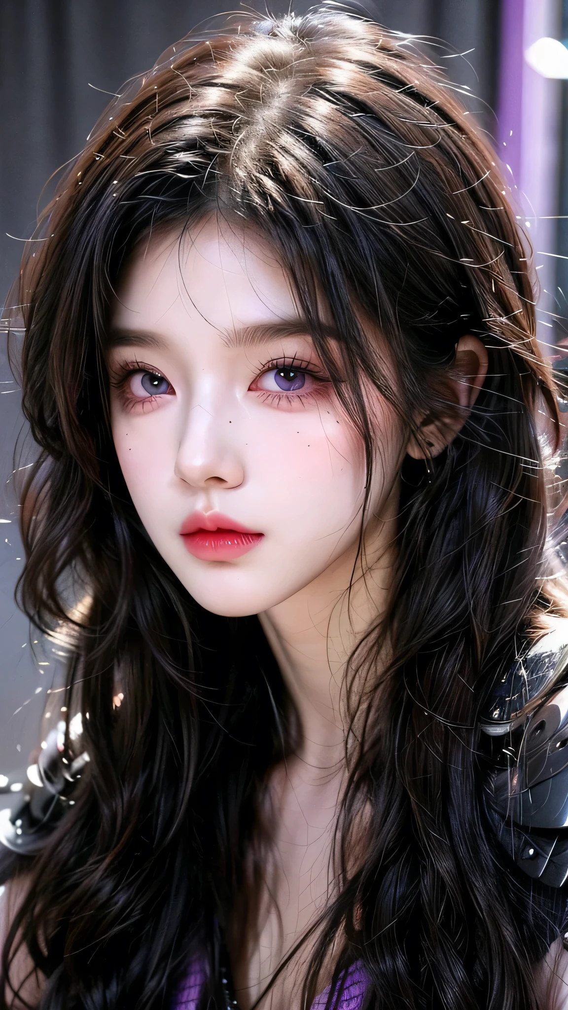 A woman with black wavy hair and purple eyes, Black alien armor, freckle, blush, Eyeshadow, Cute face