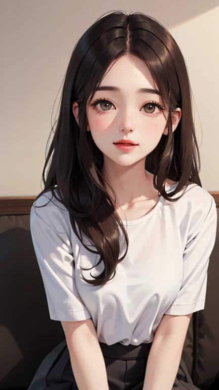 Blushing lightly and smiling, (Top quality masterpiece:1.2) Delicate illustrations, Very detailed, /Beautiful Japanese Woman、1 person,Very cute and slim、Excellent style 、((8K images、super high quality))、Very delicate face, Beautiful forehead、Red lipstick,(((((Long Hair、Gradient Hair、Brown Hair))))),Very cute Japanese cut face、Eyes and nose are clearly visible、Kind eyes,(White shirt、Tight Skirt)、Night view、Cafe、Date