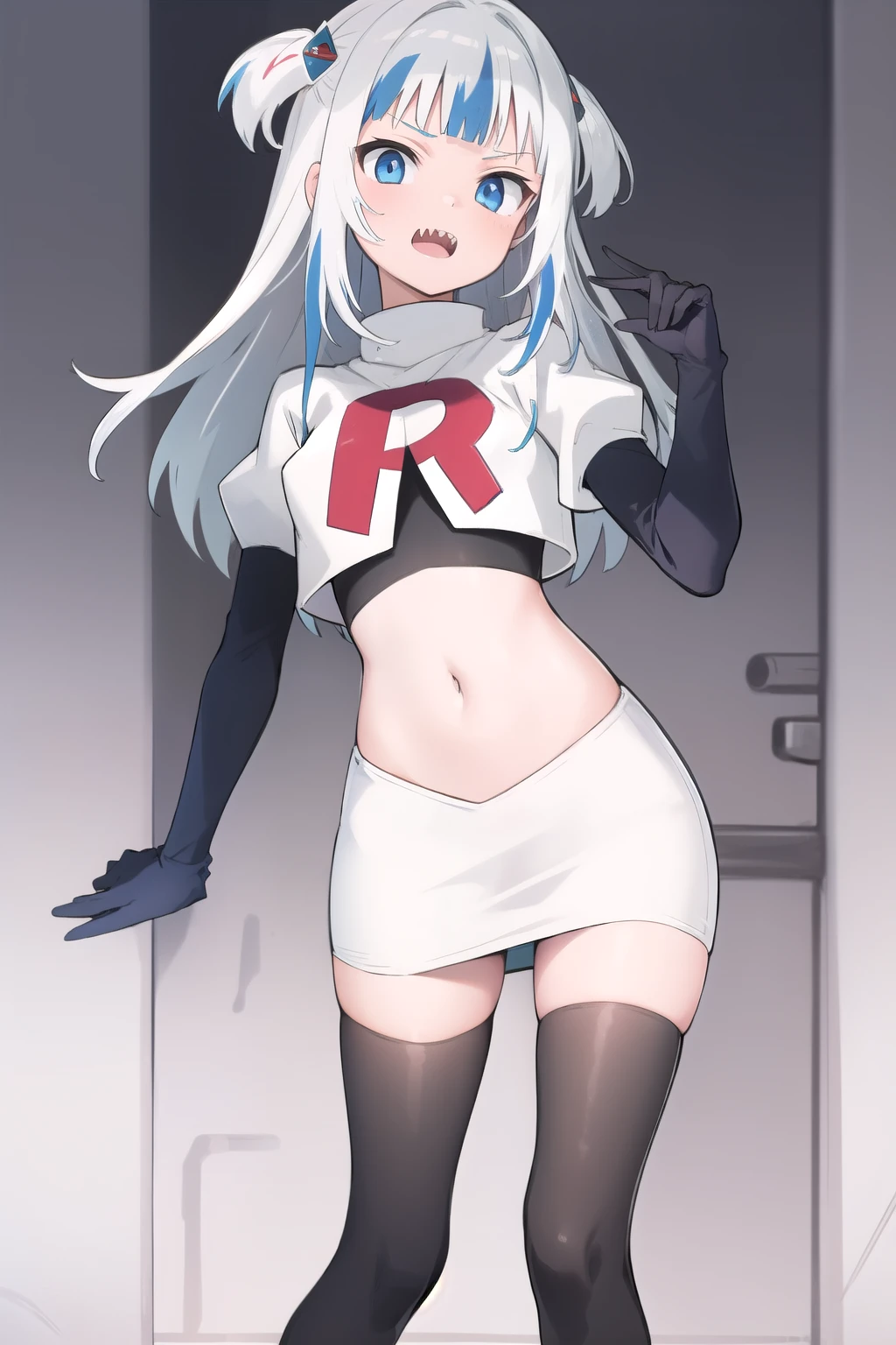 gawr gura, 1girl,solo,  blue eyes,small breasts, gray hair, hair ornaments,two side up, streaked hair, sharp teeth, team rocket,team rocket uniform,white skirt,red letter R,crop top,black thigh-highs,black elbow gloves