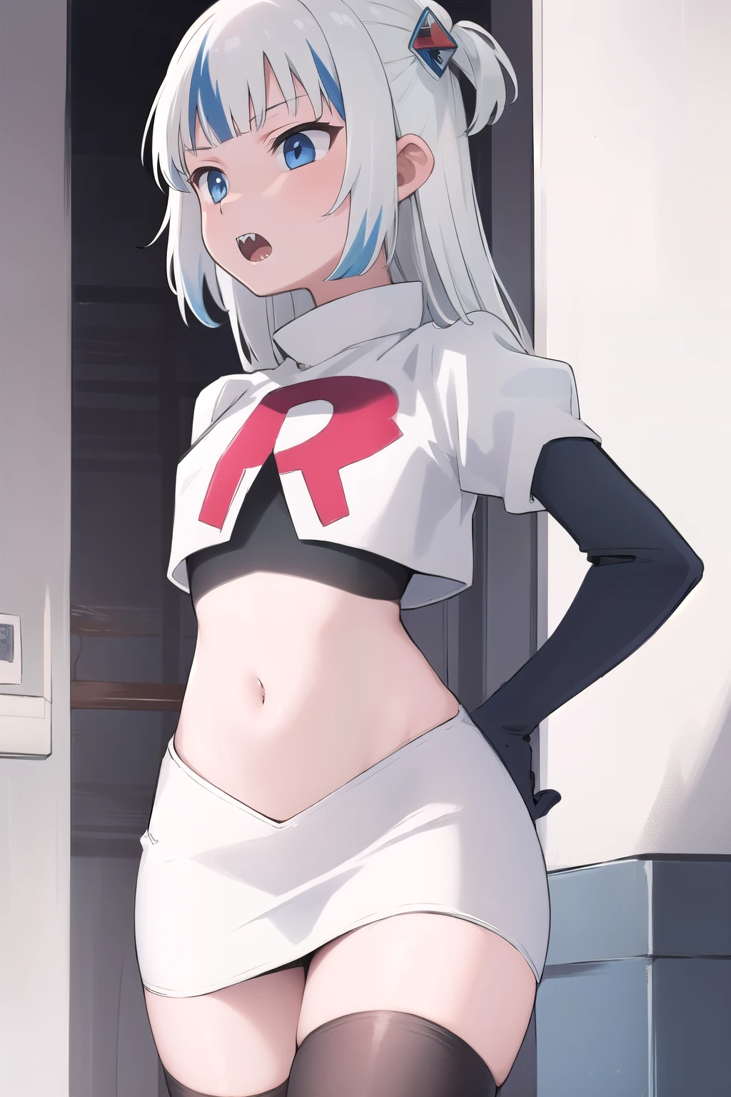 gawr gura, 1girl,solo,  blue eyes,small breasts, gray hair, hair ornaments,two side up, streaked hair, sharp teeth, team rocket,team rocket uniform,white skirt,red letter R,crop top,black thigh-highs,black elbow gloves