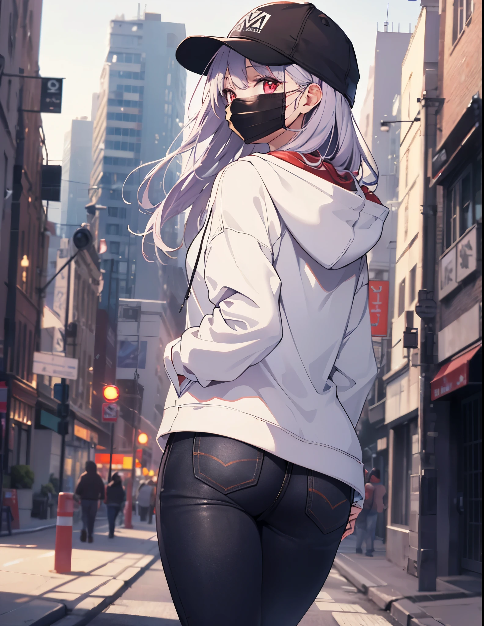 Realistic,highest quality, Super detailed, High-quality CG rendering, The most delicate and beautiful, Floating softly, High resolution, (1 girl), (highest quality,4K,8k,masterpiece:1.2), Light purple hair,Long Hair,Red eyes,(Pure white oversized hoodie:1.3),(Black skinny jeans:1.3),(White cap:1.3),In the city,old buildings,(Black Mask:1.4),(whole body:1.3),(Turn your back to your audience:1.3),Ass,(Sandals:1.2)
