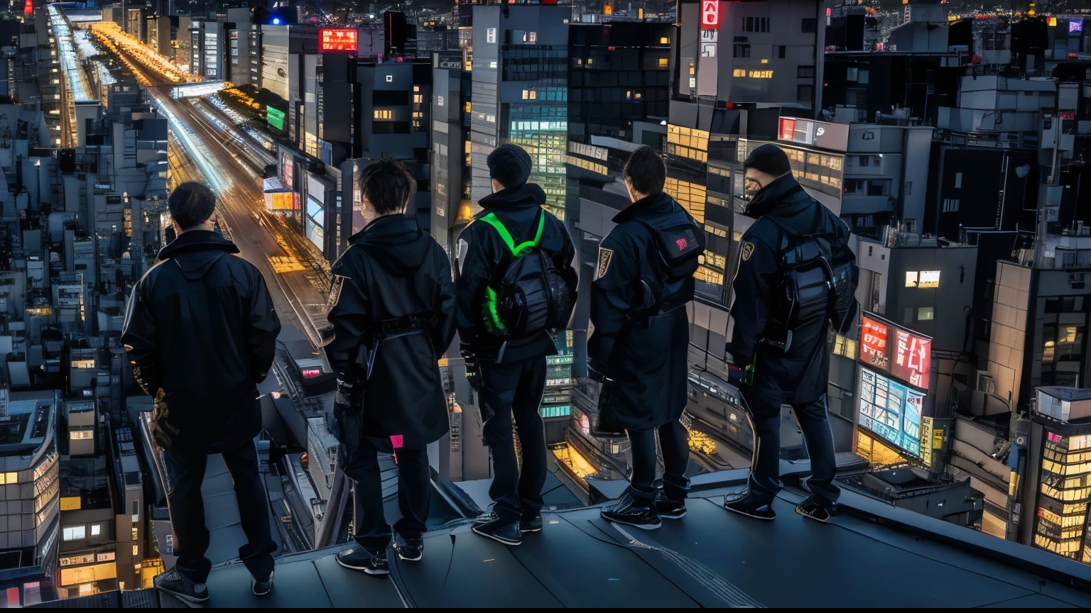 5 people standing on the windowsill,Look at the city at night, Standing on the roof, Standing on the roof of a skyscraper, Standing on the roof, On the rooftops of Tokyo at night, City night visual effects, Movie promotional images, Overlooking the modern city, Looking at the city, on tokyo cyberpunk night rooftop, in a future city, Tokyo night rooftop