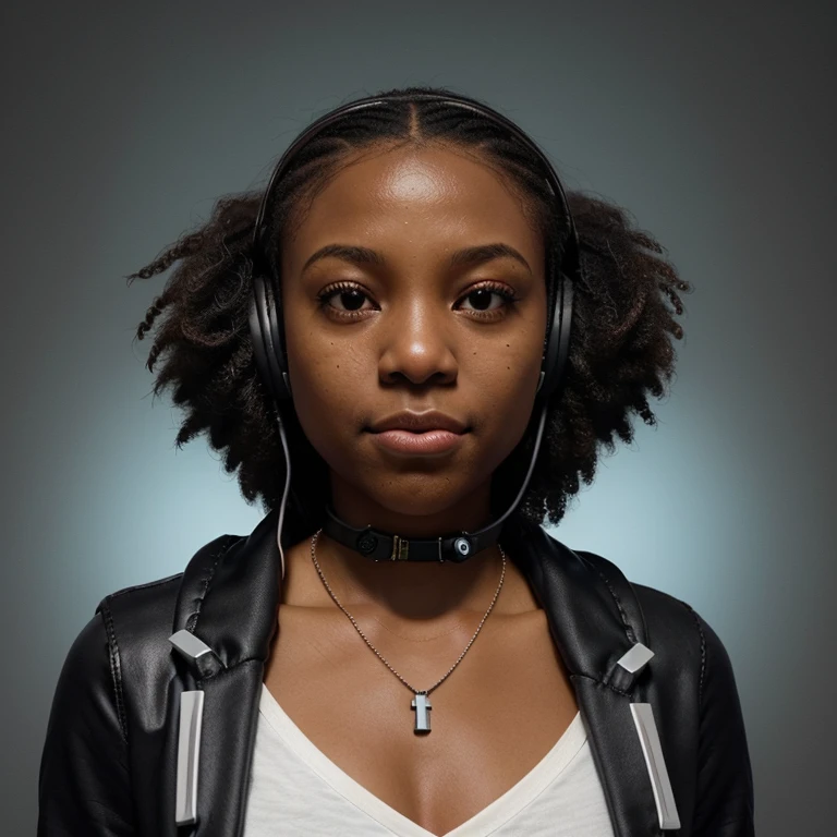 Black person wearing The necklace will be light and discreet, com o leitor de texto e o processador integrados em um pequeno compartimento na parte frontal ou lateral.The headphones will be built into the collar structure, providing comfort to the user.