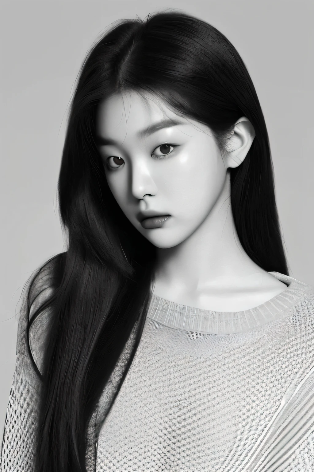 1girl,greyscale,solo,long hair,realistic,upper body,nose,lips,closed mouth,sweater,simple background,