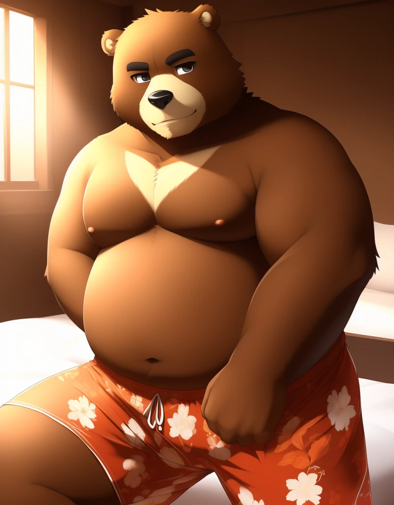 (((detailed eyes, detailed face))), (bara, juuichi bear, short hair, black eyes), male, (solo), (plump, fat, chubby, overweight), (red swim trunks, topless), spreading, (arms behind back), smile BREAK (konzaburou, ukan_muri, cute), bedroom, (soft shading), 8k, UHD, masterpiece, (full body)